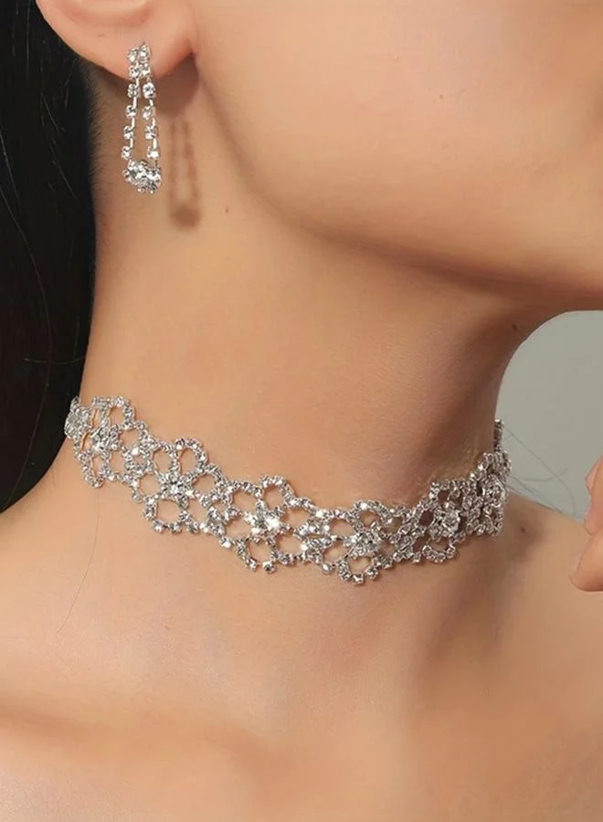 Take Two  Women Silver Floral Crystal Choker Necklace And Earrings Set for Women | Best Price UAE